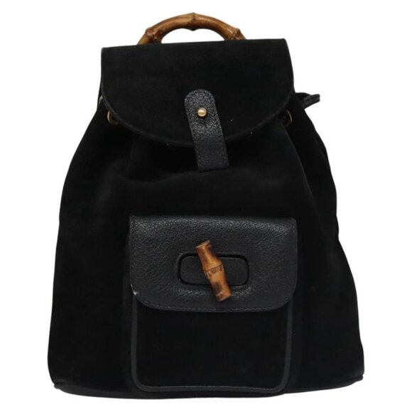 GUCCI Bamboo Backpack Suede Leather Black - Picture 1 of 16